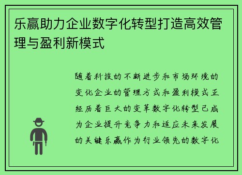乐赢助力企业数字化转型打造高效管理与盈利新模式